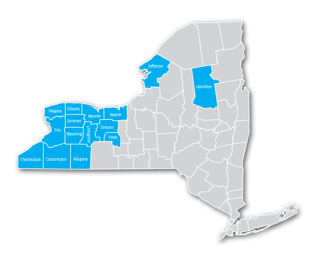 Map of New York with the counties Allegany, Cattaraugus, Chautauqua, Erie, Genesee, Hamilton, Jefferson, Livingston, Monroe, Niagara, Ontario, Orleans, Wayne, Wyoming and Yates highlighted.