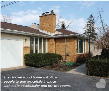 Featured Story: A one-story brick house with large windows, a chimney, and a driveway, surrounded by shrubs and trees. Text overlay highlights increased accessibility and private rooms to help residents age in place.