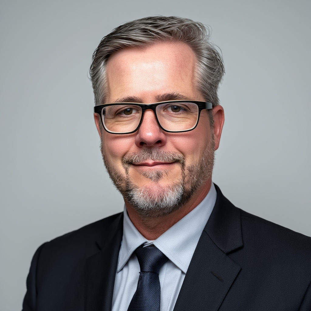 A middle-aged man with gray hair and a beard, wearing glasses, a dark suit, light blue shirt, and navy tie, smiling slightly against a plain light gray background.