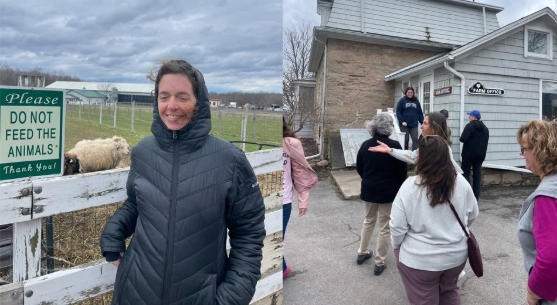 Left: A woman in a black coat stands by a fence with a Please Do Not Feed The Animals sign; a sheep is nearby. Right: A group of people walk toward the Farm Store, part of this featured story.