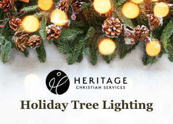 Festive pine branches with pinecones and glowing lights frame the top, above the Heritage Christian Services logo and the text “Holiday Tree Lighting Ceremony” on a white background.
