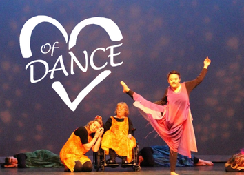 A diverse group of dancers performs on stage, including a dancer in a wheelchair. A woman in a purple costume poses with one leg raised. The background features a heart graphic with the words Heart of Dance inside it.