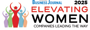 Colorful silhouettes of women raising their arms next to text: Business Journal 2025 Elevating Women: Companies Leading the Way.