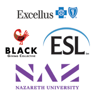 Logos of Excellus BlueCross BlueShield, Black Giving Collective, ESL, and Nazareth University arranged in a grid on a white background.