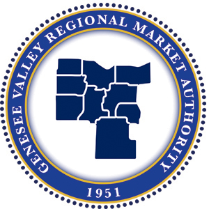 Seal with the words Genesee Valley Regional Market Authority 1951 surrounding a blue map divided into county-like sections inside a gold-ringed white circle.