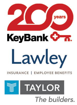 Logos for KeyBank (200 years), Lawley Insurance Employee Benefits, and Taylor The Builders are displayed vertically.