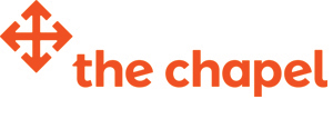 Orange logo with four arrows pointing outward from a central point, next to the lowercase orange text the chapel on a white background.