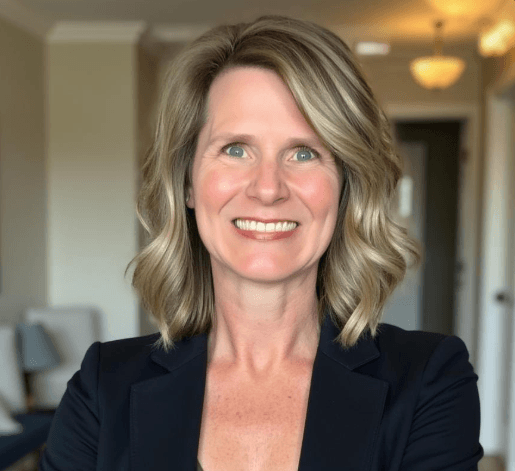 A woman with shoulder-length blonde hair wearing a black blazer smiles at the camera in a well-lit, modern indoor setting.