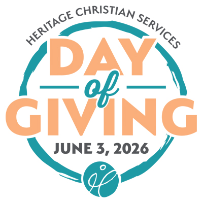 Heritage Christian Services Day of Giving logo with the date June 3, 2026, in teal and peach colors, encircled by a teal ring with a small abstract symbol at the bottom.