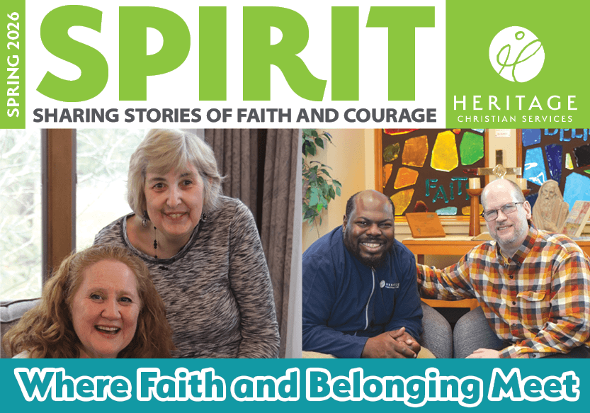 Two photos side by side: on the left, two women smile together indoors; on the right, two men sit with arms around each other in front of colorful stained glass. Text reads: “Where Faith and Belonging Meet.”.