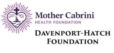 Logos of Mother Cabrini Health Foundation, featuring a heart with a cross and rays, and Davenport-Hatch Foundation, written in bold black text below.