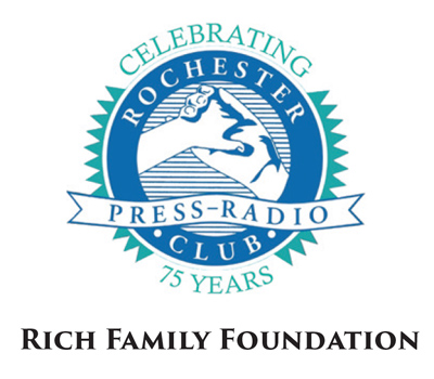Logo for the Rochester Press-Radio Club featuring two hands shaking, with text Celebrating 75 Years and Rich Family Foundation beneath it.