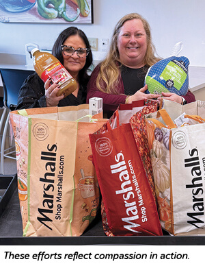 Two women smile behind a table filled with Marshalls shopping bags containing groceries; one holds a bottle of apple cider, the other holds a frozen turkey. Text below reads, “These efforts reflect compassion in action.”.