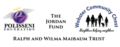 Logos for Polisseni Foundation (with wings and halo), Webster Community Chest (family silhouettes), The Jordan Fund, and Ralph and Wilma Maibaum Trust, all philanthropic organizations.