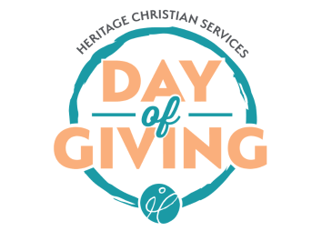 Logo with the words “Heritage Christian Services Day of Giving” inside a teal circular outline, with Day and Giving in large peach letters and of in smaller script, plus a small symbol at the bottom.