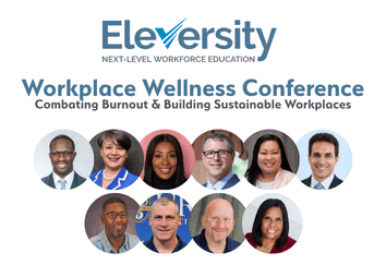 Elevserity Workplace Wellness Conference banner with photos of ten diverse speakers and the tagline Combating Burnout & Building Sustainable Workplaces.