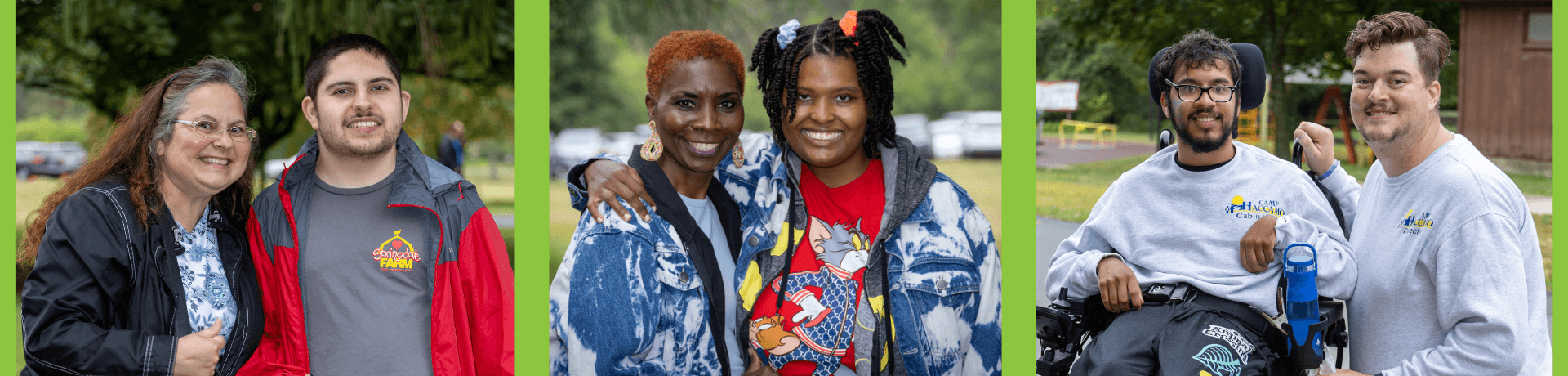 Three photos side by side show pairs of people smiling outdoors, including men and women of different ages and backgrounds, enjoying a family night with trees and a park in the background.