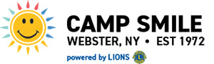 Logo for Camp Smile in Webster, NY, established in 1972, featuring a smiling sun icon and the Lions Club emblem.