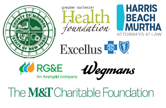 Logos for County of Monroe, Greater Rochester Health Foundation, Harris Beach PLLC, Excellus BlueCross BlueShield, RG&E, Wegmans, and The M&T Charitable Foundation.