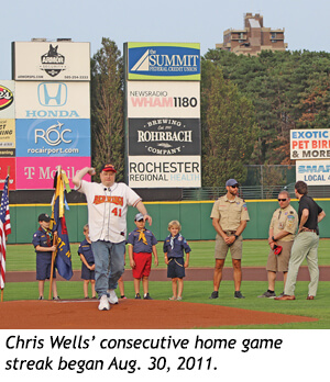 A man in a baseball jersey prepares to throw a ceremonial first pitch on a baseball field, accompanied by a group of Cub Scouts and adults.