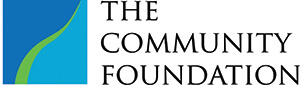 Logo for The Community Foundation, featuring a blue square with a curved green line next to the text.