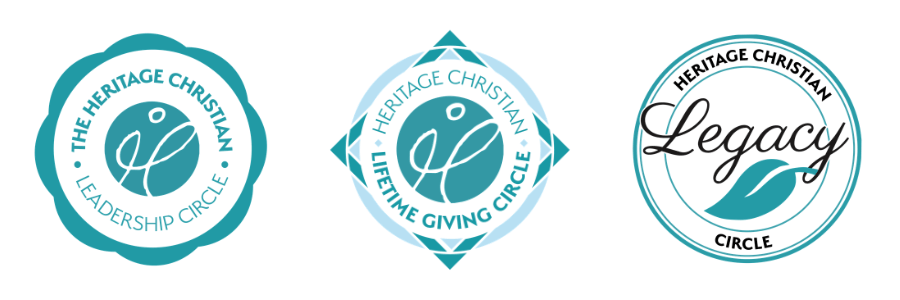 Three circular or diamond-shaped logos for the Heritage Christian Leadership Circle, Lifetime Giving Circle, and Legacy Circle as seen in the Fall 2026 Spirit Newsletter.